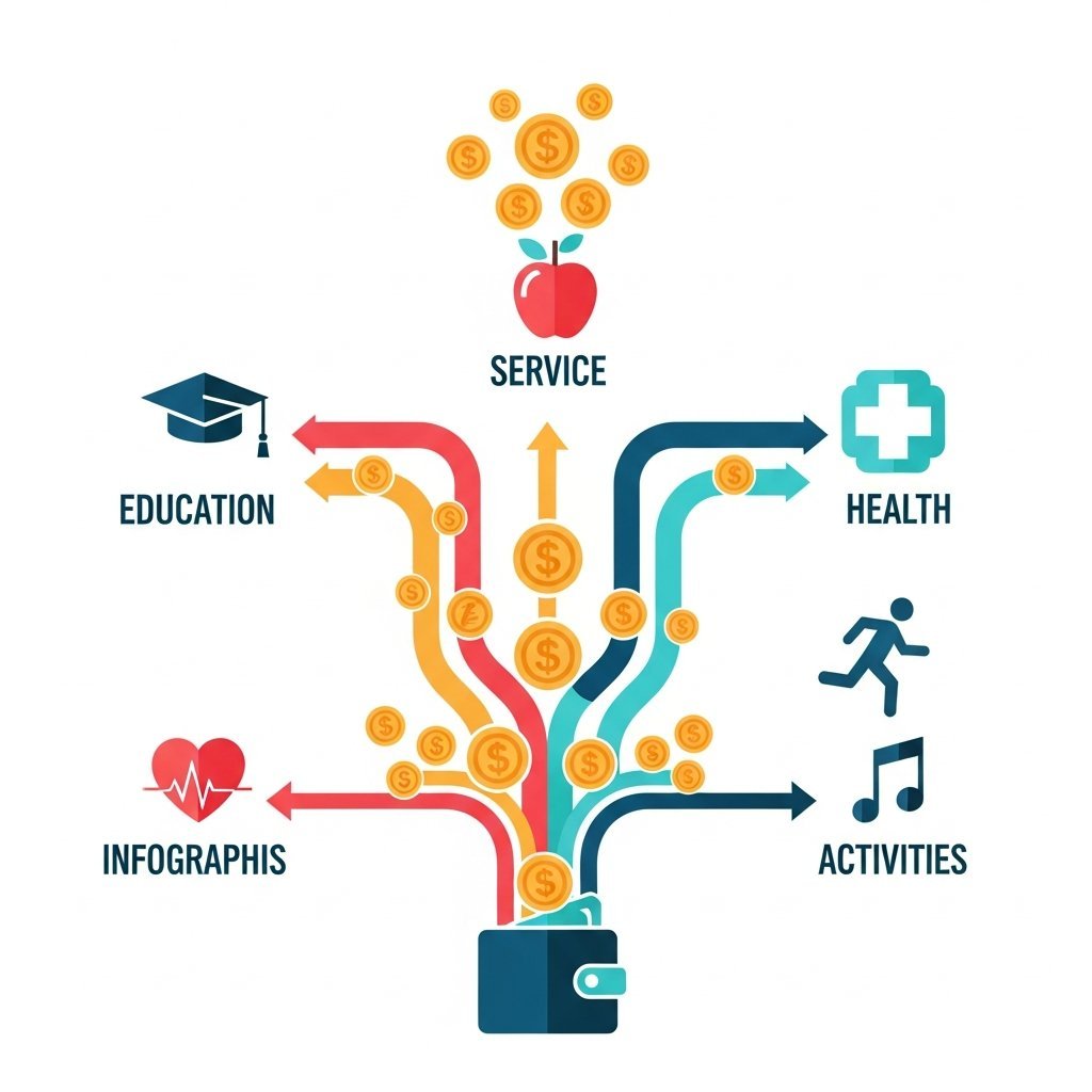 개인예산제 지원 금액과 활용 방법을 보여주는 인포그래픽, 바우처 급여의 20%를 자유롭게 사용하는 과정 시각화
