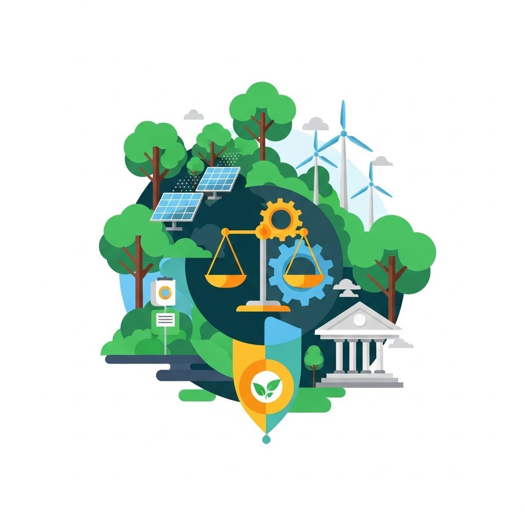 ESG 경영과 지속가능성을 표현하는 현대적인 일러스트, 환경 친화적인 그린 톤과 기업 거버넌스 요소 포함