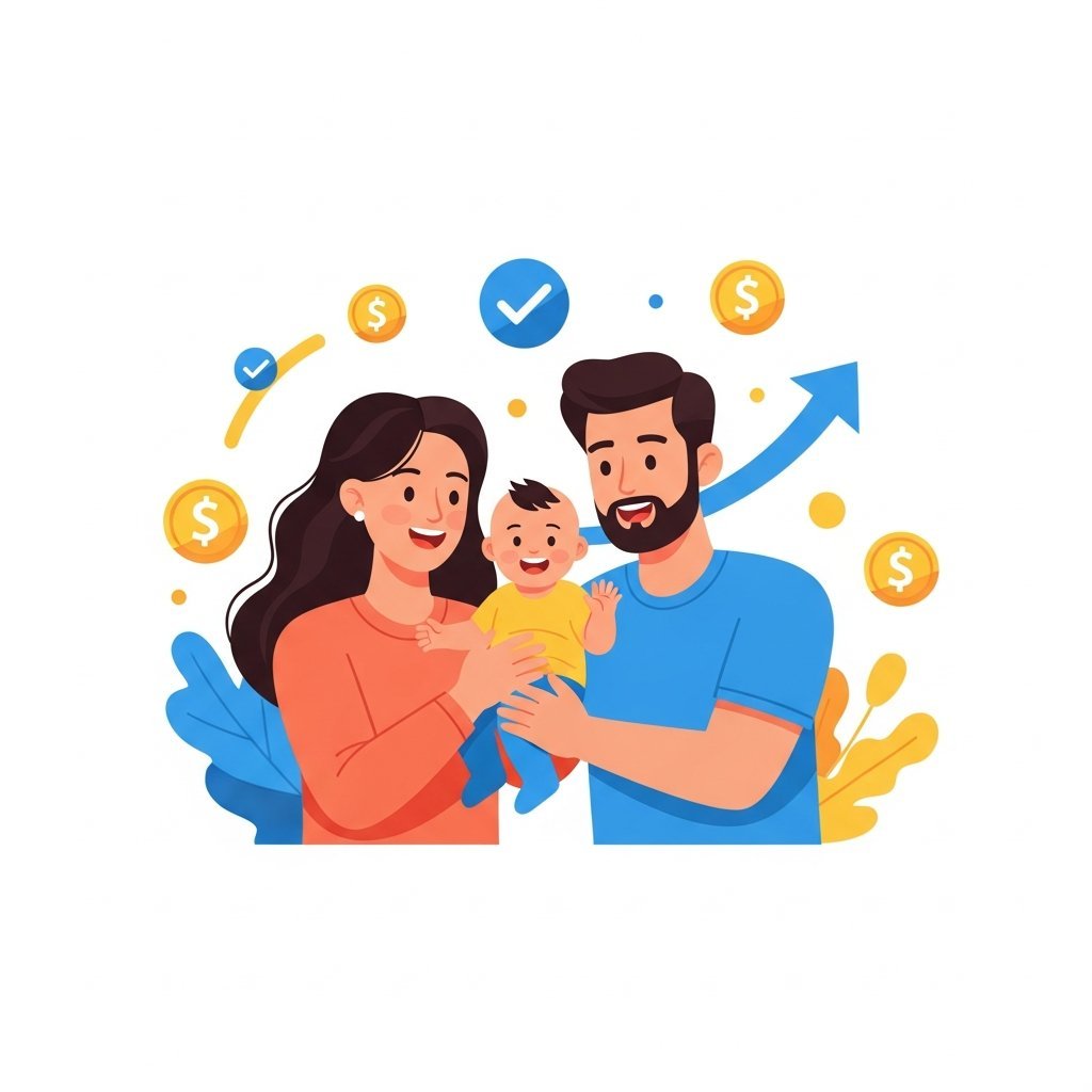 아기를 안고 있는 행복한 부모와 정부 지원금을 상징하는 따뜻한 일러스트