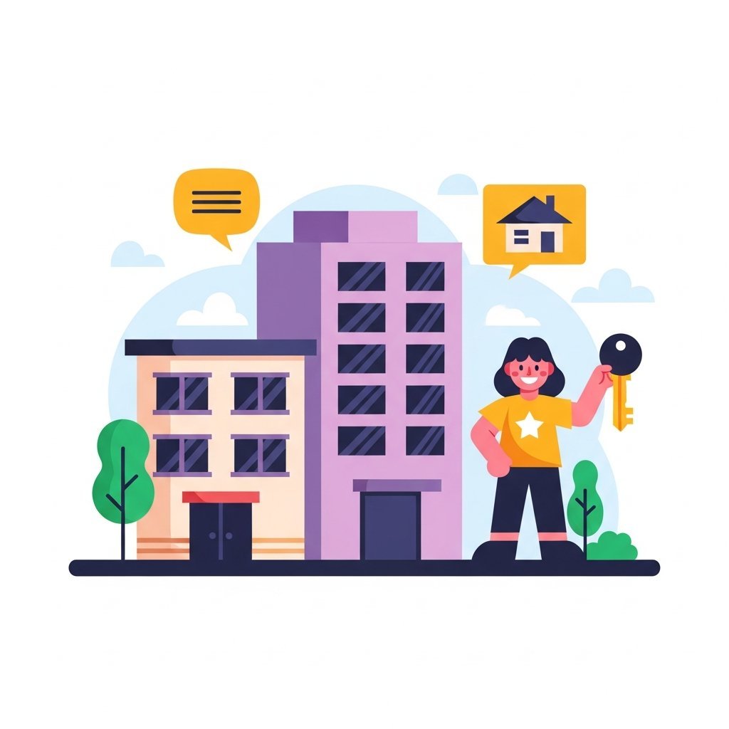 청년 주거 지원과 임대주택을 표현하는 현대적이고 밝은 일러스트, 아파트 건물과 열쇠를 들고 기뻐하는 청년의 모습