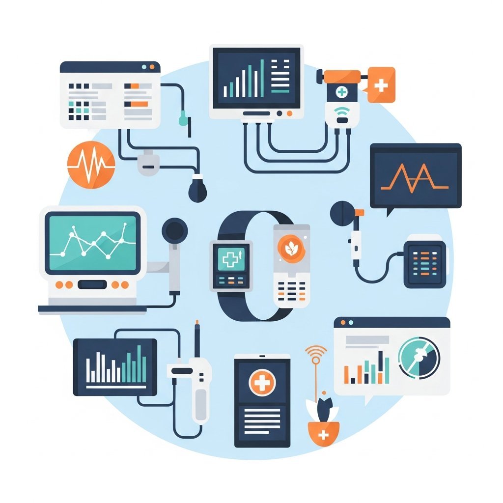 첨단 의료기기와 디지털 헬스케어 기술을 표현하는 현대적인 일러스트레이션, 미래지향적이고 깔끔한 느낌