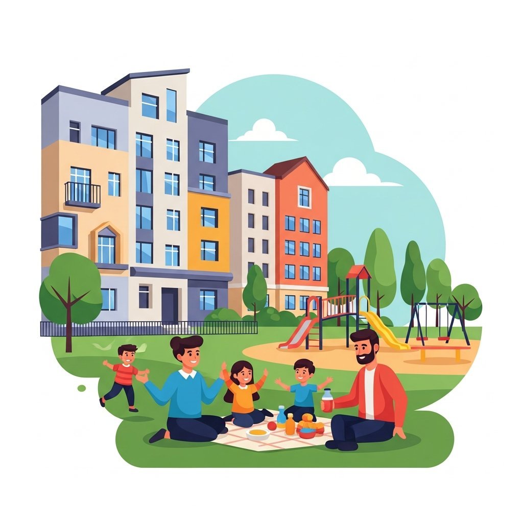 공공임대주택과 행복한 가족의 모습을 표현하는 현대적인 일러스트