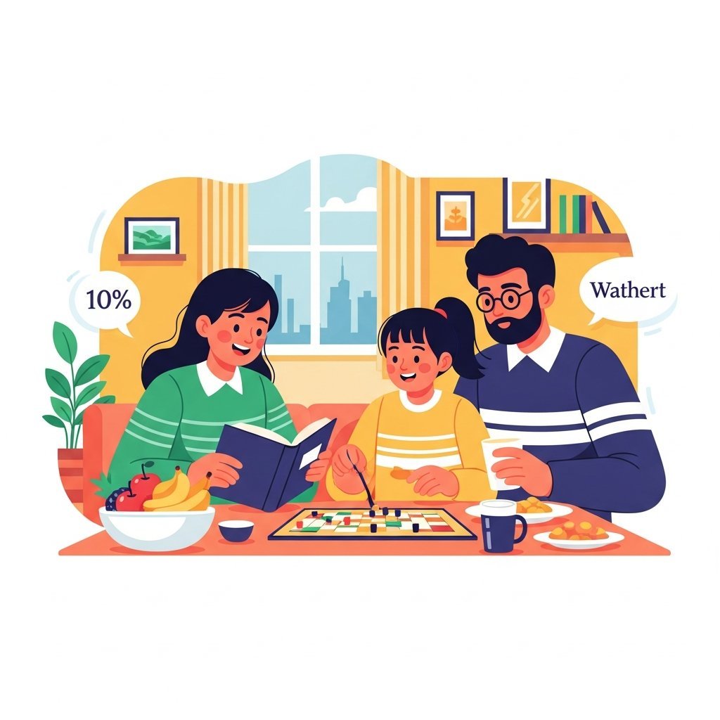 근로장려금 혜택을 받는 가족의 밝은 모습을 표현한 일러스트, 정부 지원금 개념