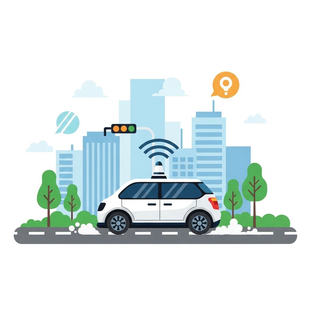 자율주행차가 도심 도로에서 주행하는 모습을 표현한 일러스트레이션