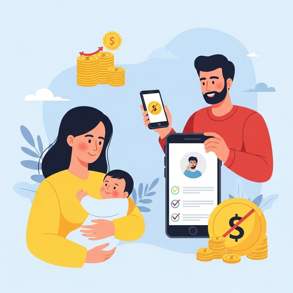 부모가 아기를 돌보며 스마트폰으로 급여를 확인하는 따뜻한 일러스트