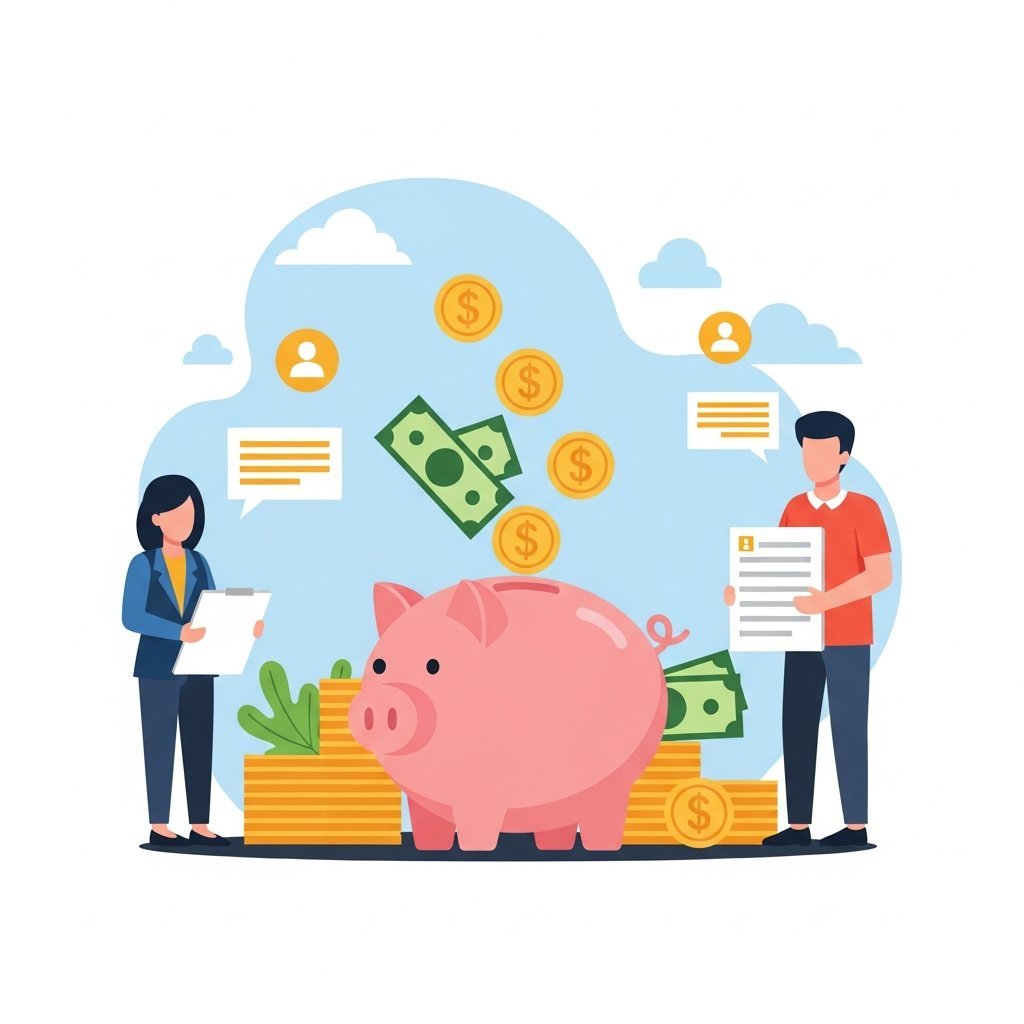 저금통과 성장하는 화폐를 표현한 금융 일러스트, 청년의 자산 형성을 상징