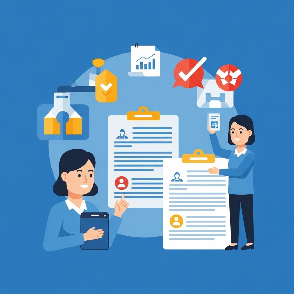 의료기기 허가 절차가 간소화되는 과정을 표현하는 인포그래픽 스타일 일러스트레이션