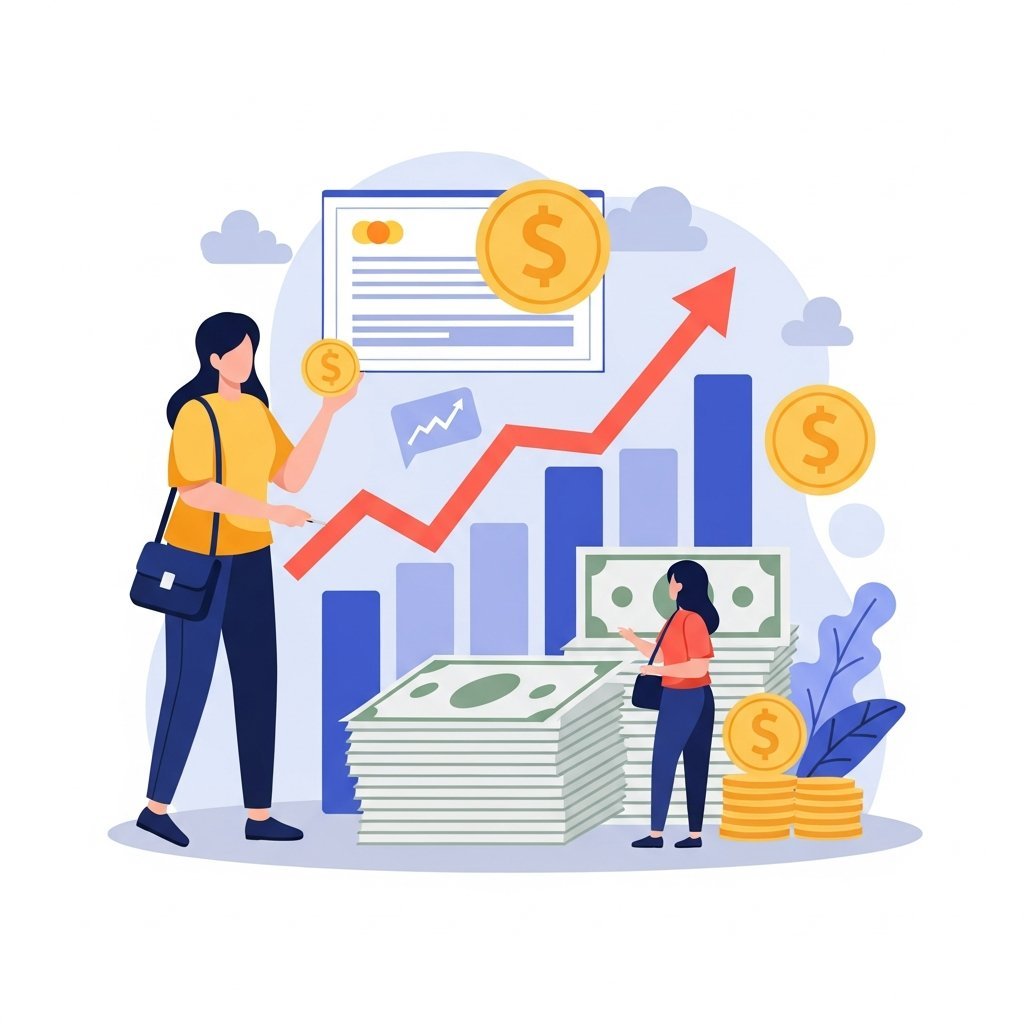 신용점수 상승과 금융 거래 회복을 표현하는 인포그래픽 스타일 일러스트