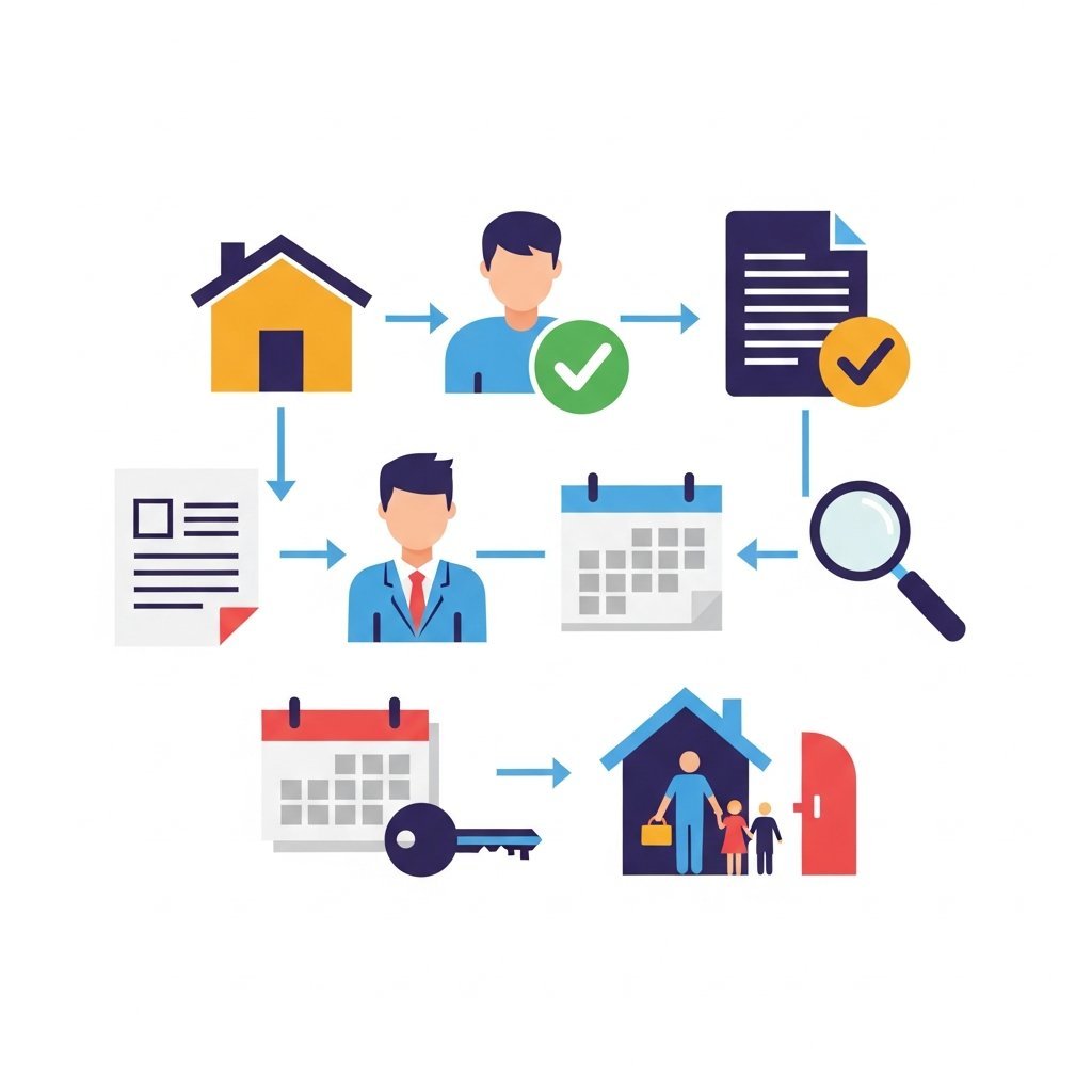 공공임대주택 신청 절차를 단계별로 보여주는 인포그래픽 스타일 일러스트