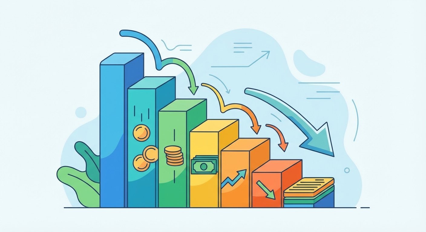금리 비교 차트를 표현하는 인포그래픽 스타일 일러스트, 계단식으로 내려가는 금리 그래프