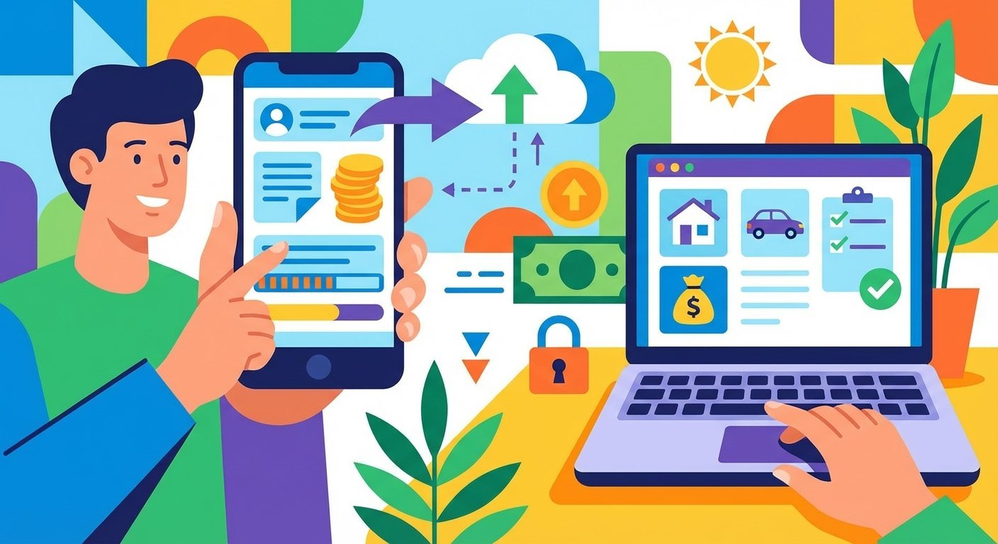 온라인 대출 신청 과정을 표현하는 일러스트, 스마트폰이나 컴퓨터로 신청서를 작성하는 모습