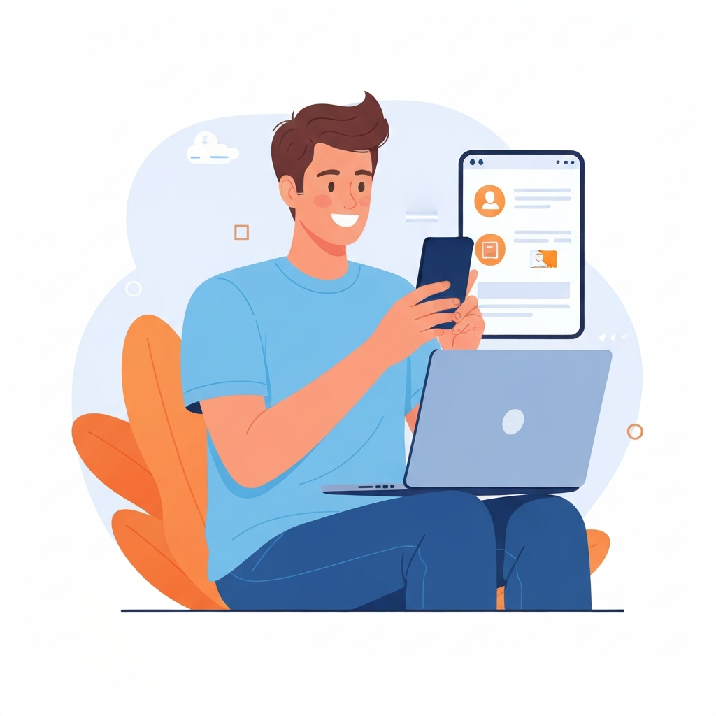 스마트폰과 노트북으로 온라인 신청하는 청년의 모습을 표현한 따뜻한 일러스트레이션