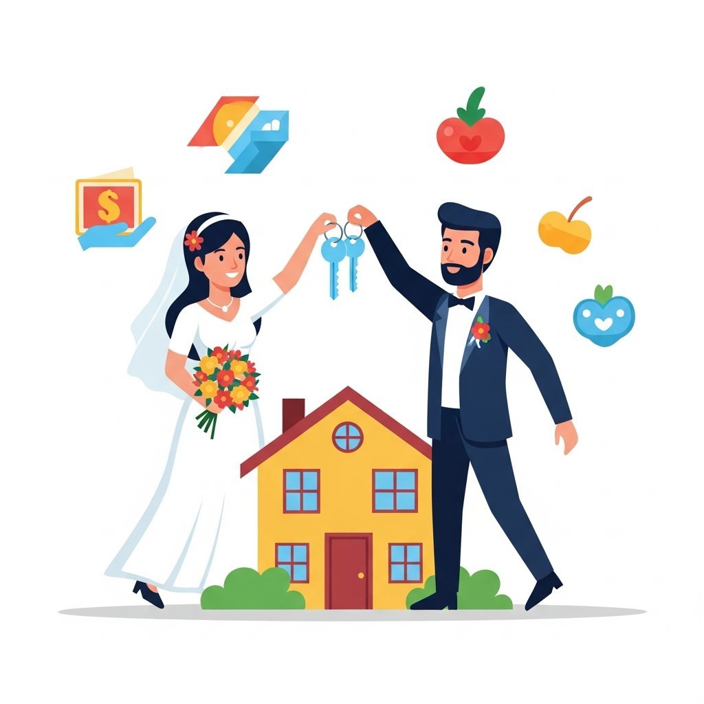 신혼부부가 새 아파트 열쇠를 들고 기뻐하는 따뜻한 일러스트레이션