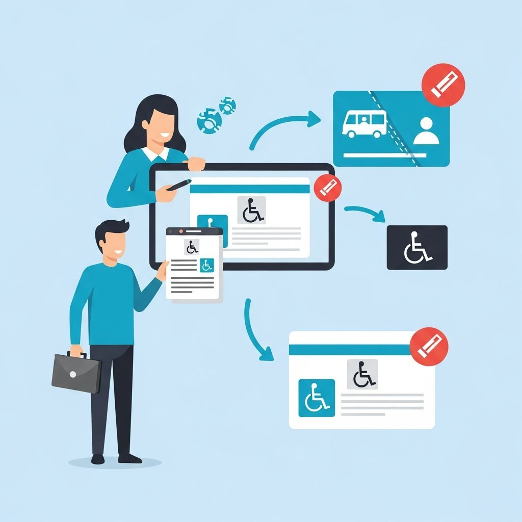 장애인 교통카드 사용법과 온라인 신청 절차를 표현하는 인포그래픽 일러스트