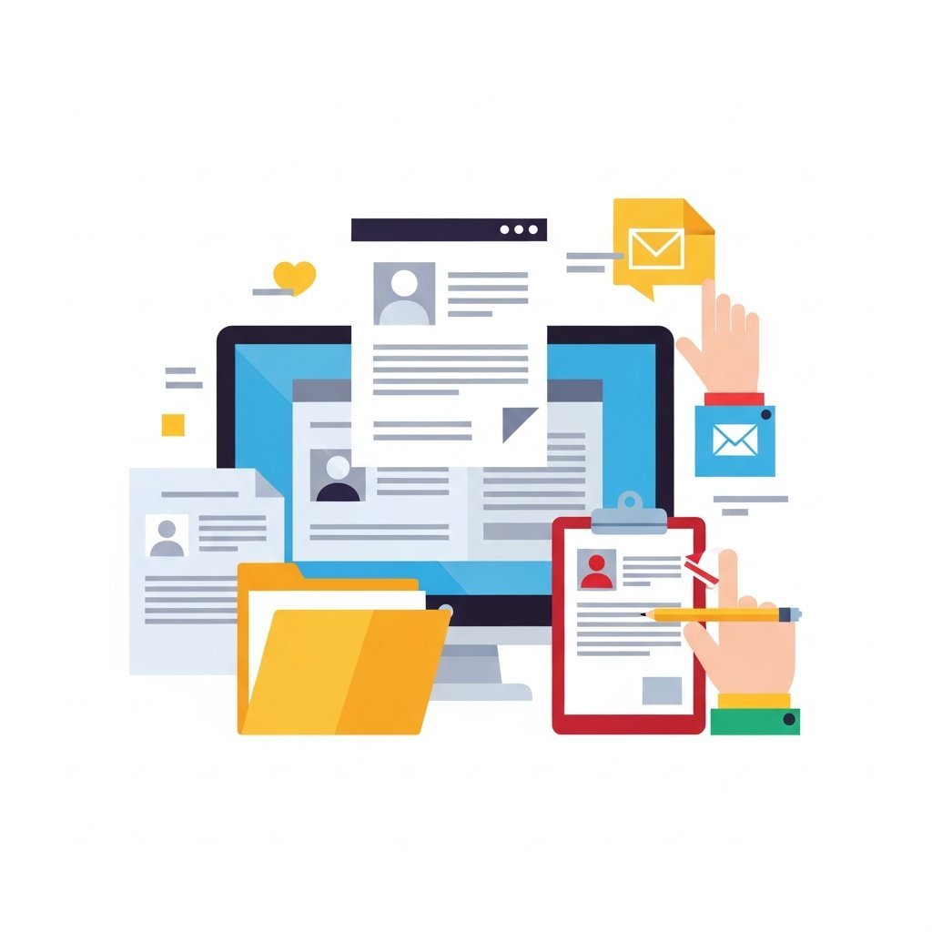 온라인 신청 화면과 서류를 준비하는 모습을 표현한 깔끔한 인포그래픽 스타일 일러스트