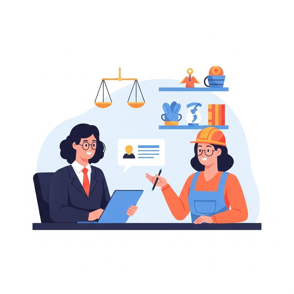 법률 상담을 받는 모습을 표현하는 일러스트, 변호사와 상담하는 근로자의 따뜻한 분위기