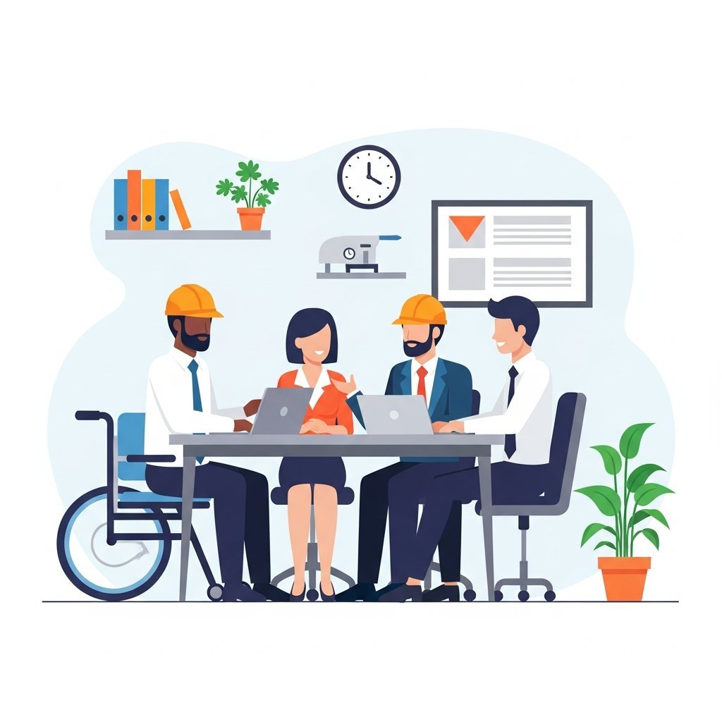 중소기업 사무실에서 장애인 근로자가 동료들과 함께 업무 회의하는 모습을 표현한 일러스트
