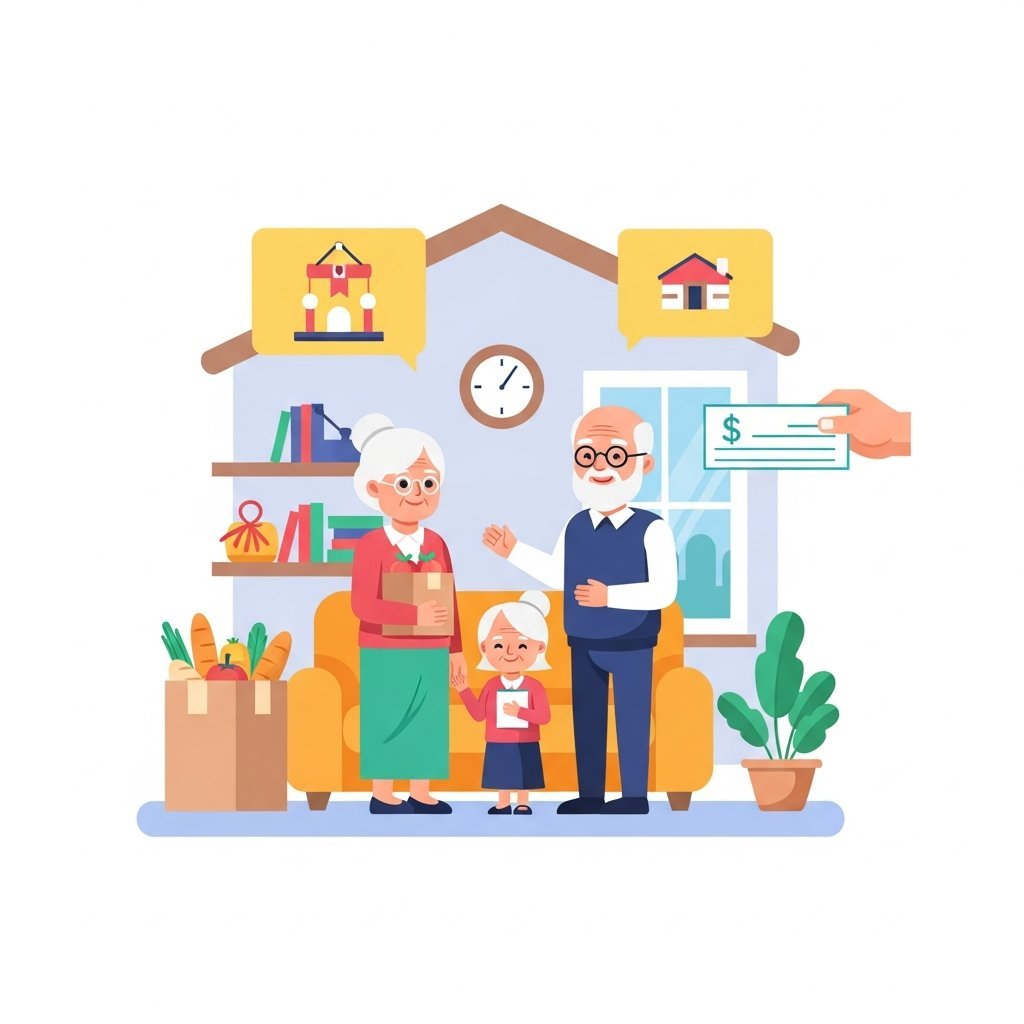 정부 지원 정책 혜택을 받는 노인 가정의 모습을 표현한 친근한 일러스트레이션