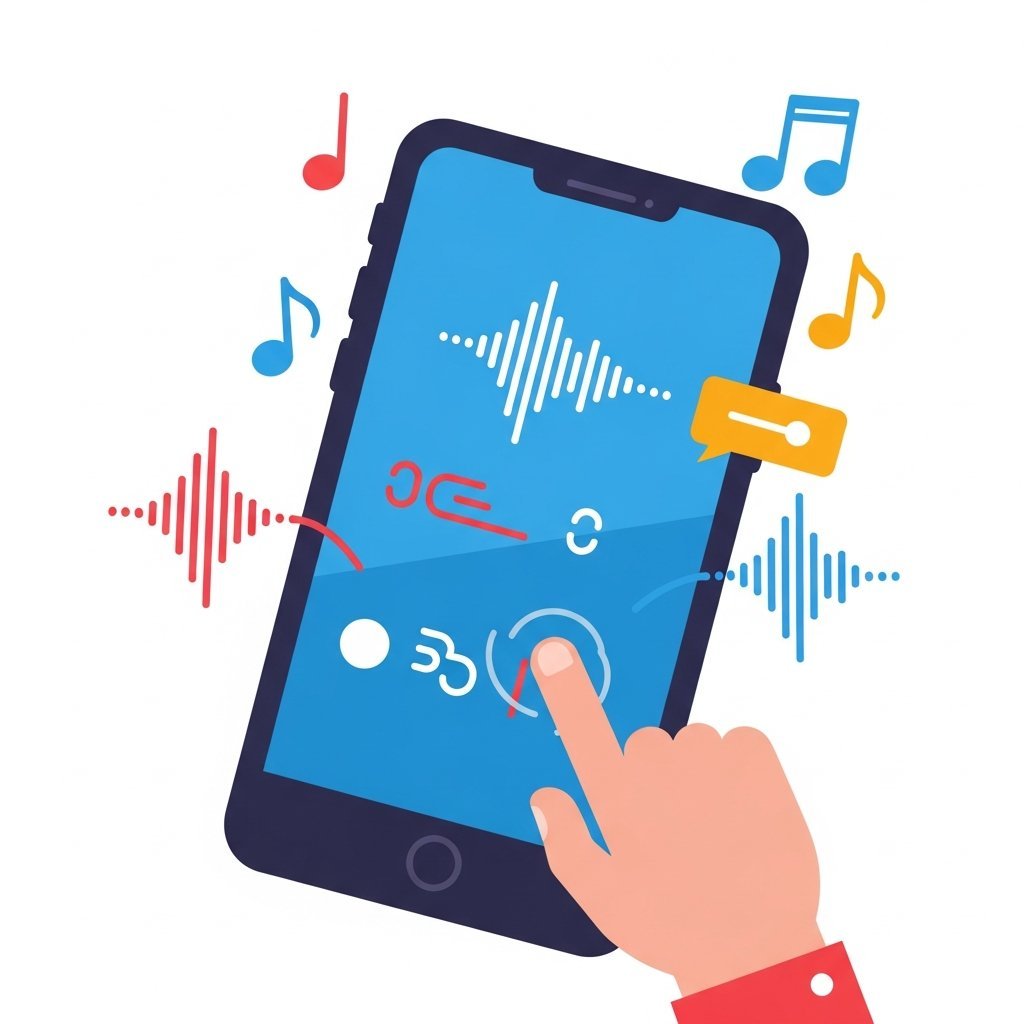 스마트폰 화면에서 텍스트를 입력하여 음악을 생성하는 과정을 보여주는 깔끔한 인포그래픽 일러스트레이션