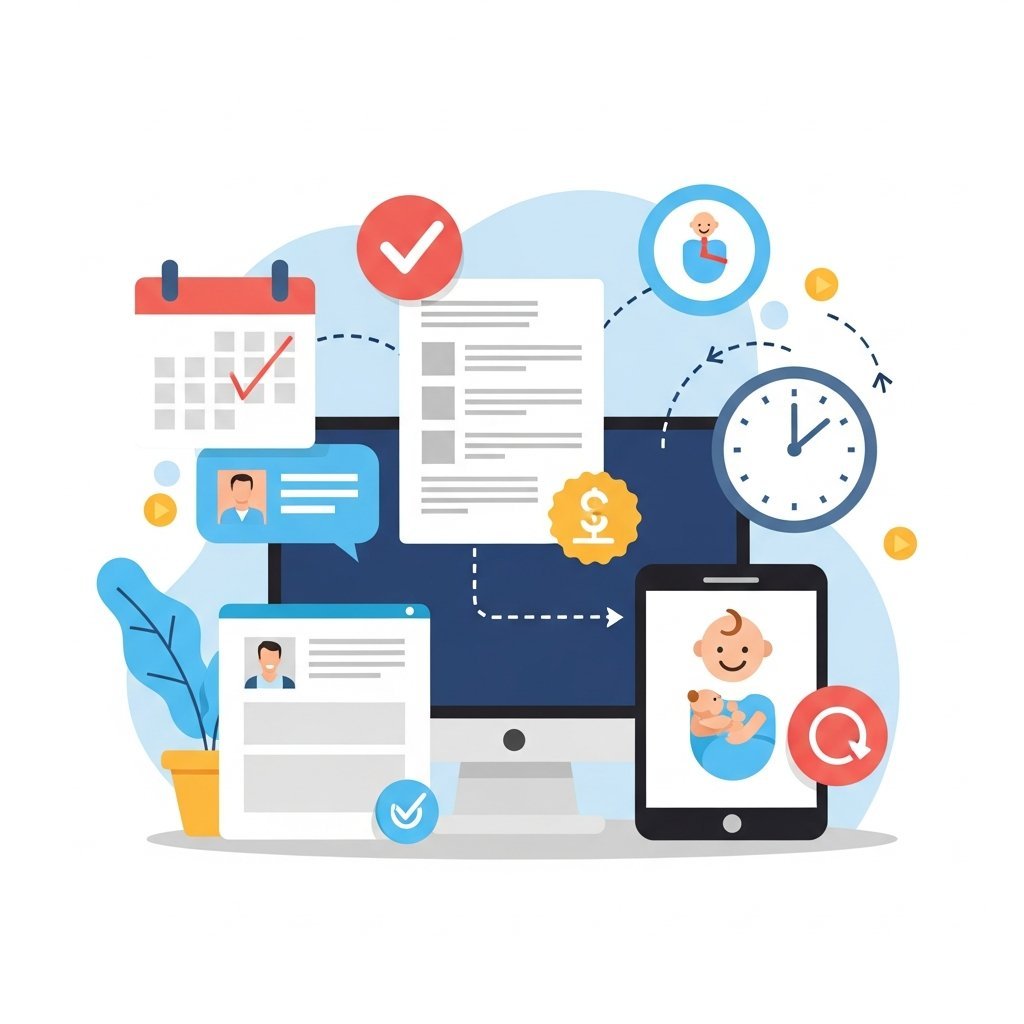 온라인으로 육아휴직 급여를 신청하는 절차를 단계별로 보여주는 인포그래픽 일러스트