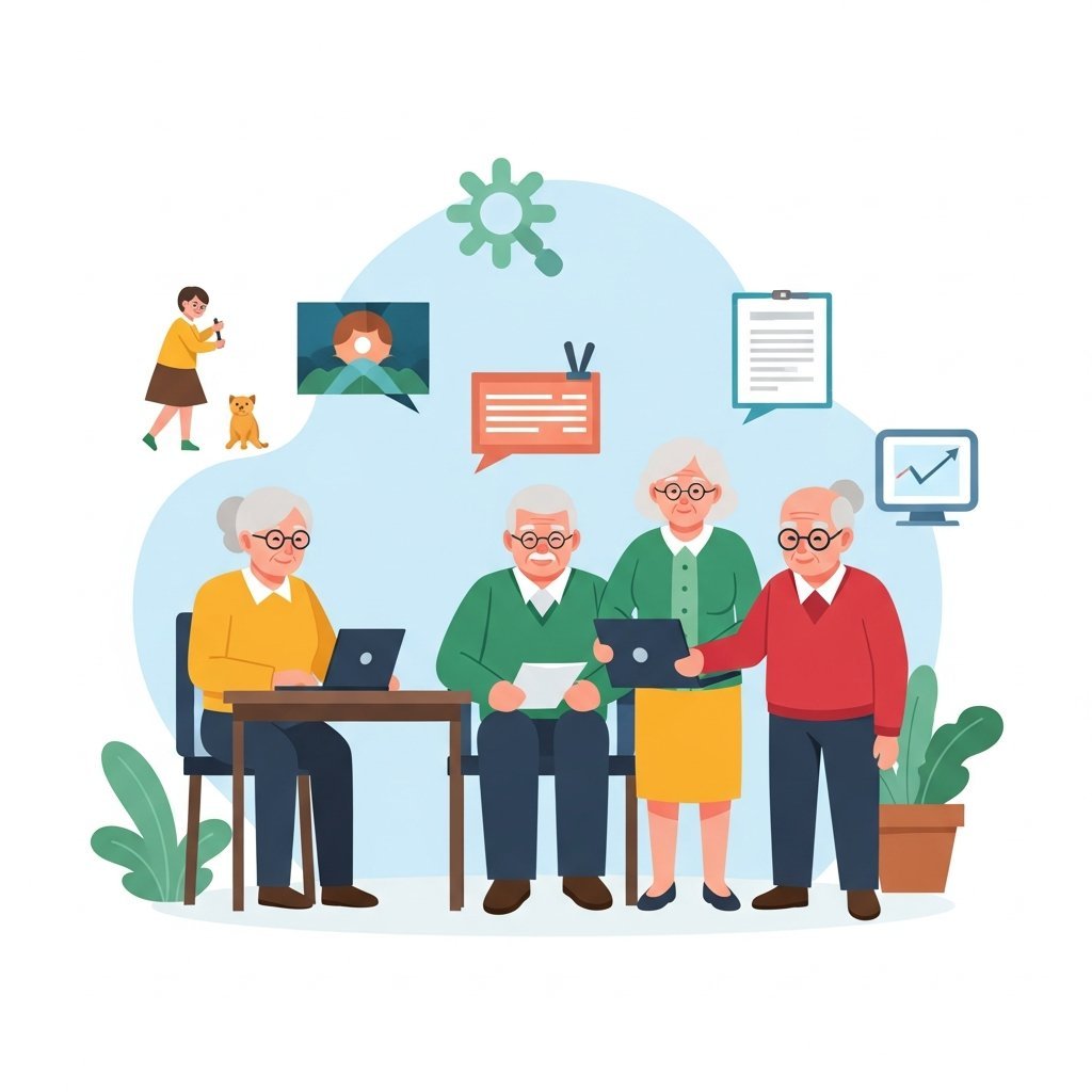 시니어들이 함께 협동하며 일하는 모습을 표현한 밝고 역동적인 일러스트레이션