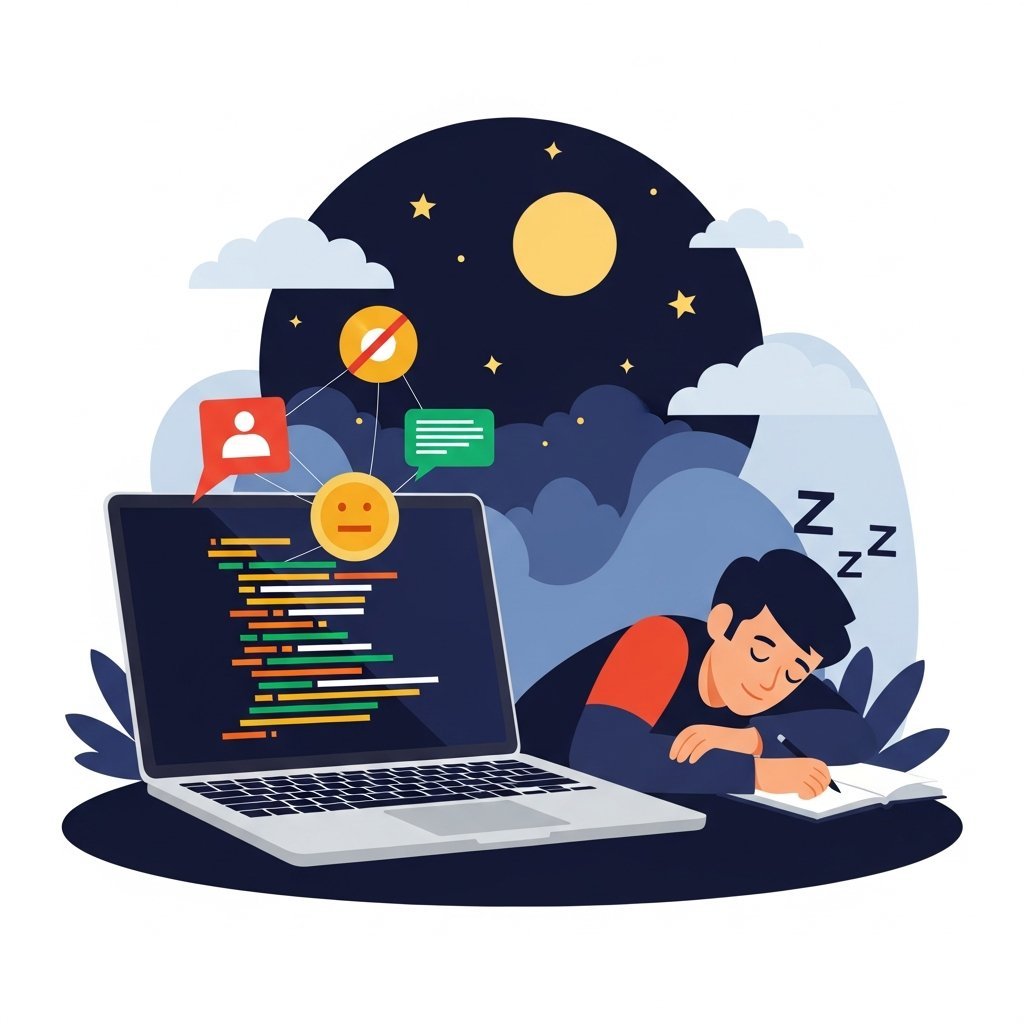 밤하늘 아래 노트북이 혼자 코드를 작성하고 있는 모습, 옆에는 잠든 개발자의 실루엣이 보이는 일러스트