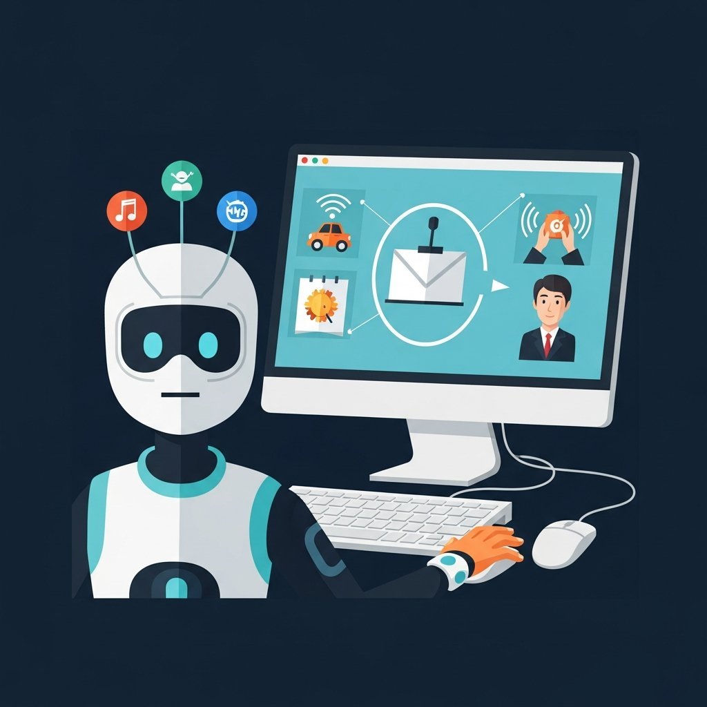 AI가 컴퓨터 화면을 보며 직접 마우스와 키보드를 조작하는 미래적인 일러스트, 깔끔한 톤