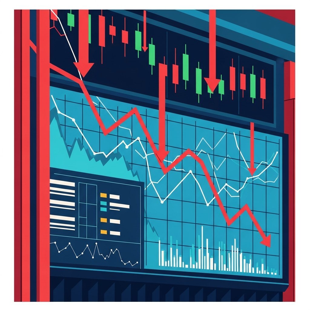 증시 급락 시 거래소 전광판에 빨간 숫자가 가득한 모습을 표현한 일러스트