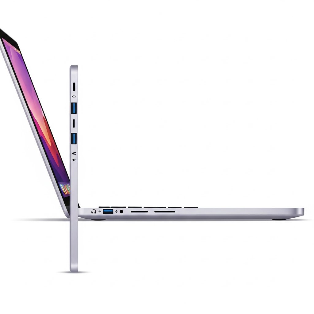 맥북 네오의 측면 포트 구성과 얇은 두께를 보여주는 깔끔한 일러스트