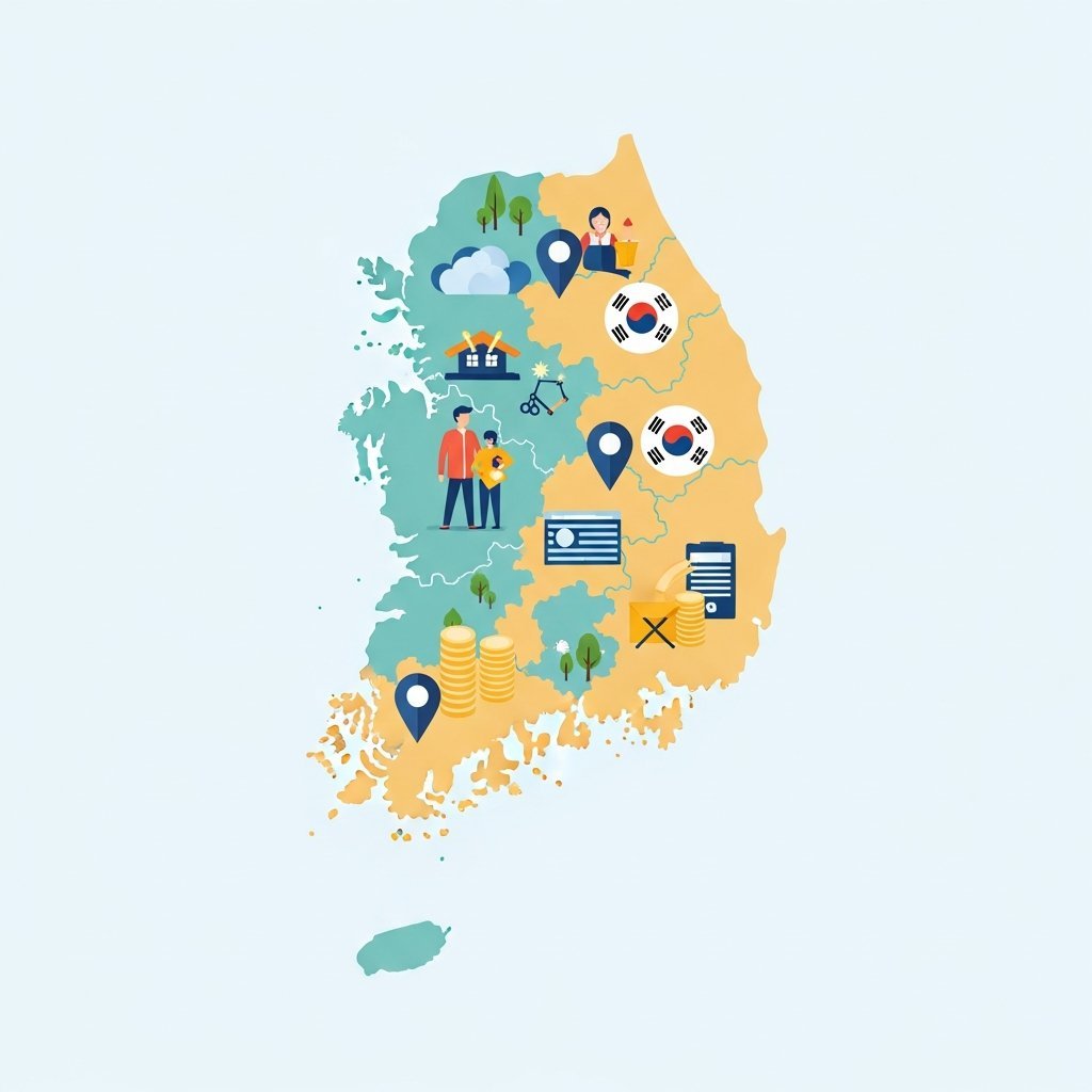 대한민국 지도 위에 지역별 아동수당 추가 지원 금액을 표시한 인포그래픽 일러스트