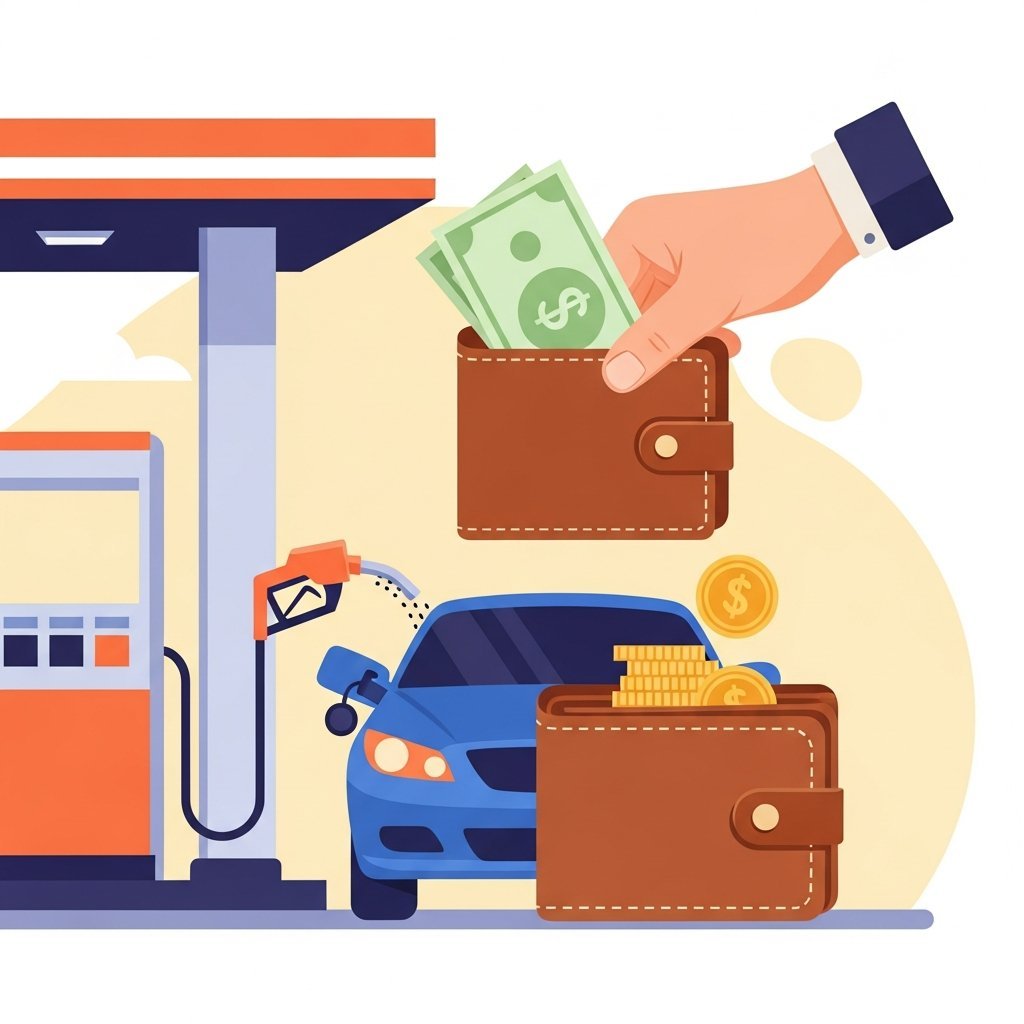 유류비 부담을 상징하는 주유소와 지갑 일러스트, 정부 지원금 안내 느낌의 따뜻한 톤