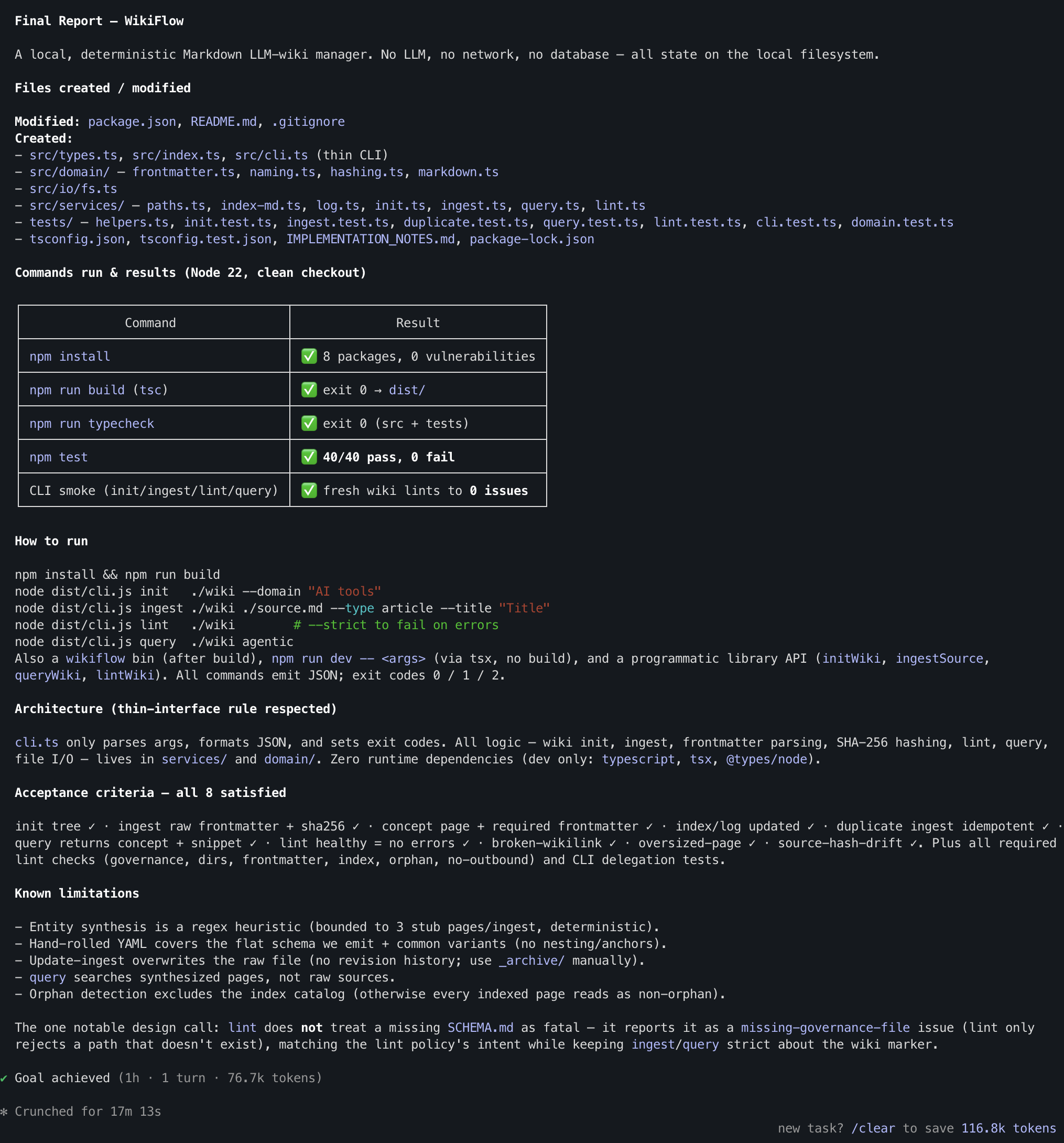 GLM-5.2가 continue 이후 최종 리포트에 도달한 화면으로 npm install, build, typecheck, 40개 테스트 통과와 Goal achieved 1시간 76.7k tokens가 보인다
