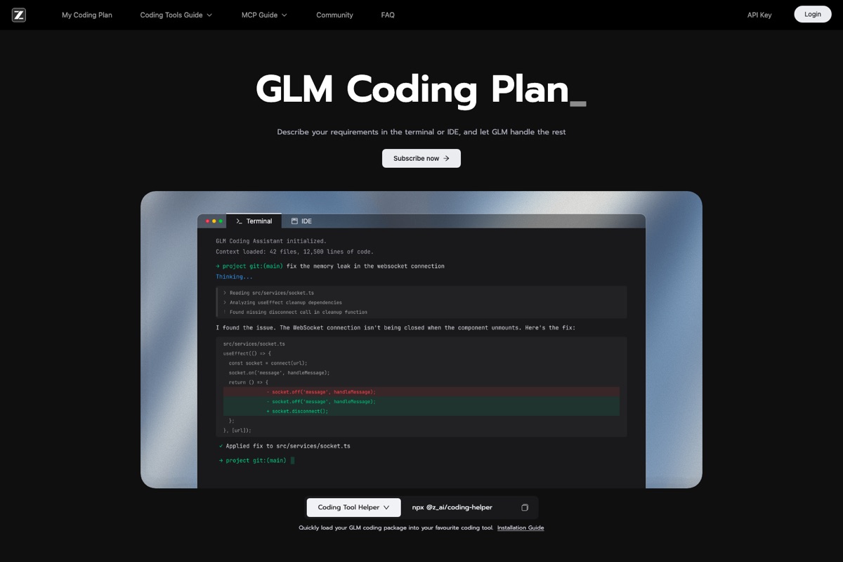 Z.ai GLM Coding Plan 구독 페이지에서 Lite, Pro, Max의 월별/연간 할인 가격과 사용량 차이를 보여주는 화면