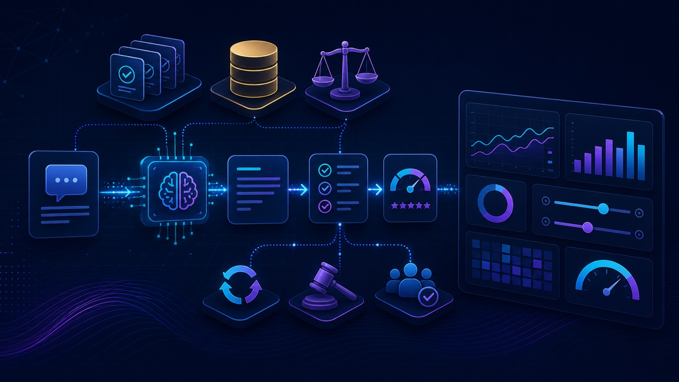 AI Evals 평가 파이프라인 개념도: 골든 데이터셋, 채점 기준, 회귀 테스트, LLM-as-judge, 품질 대시보드