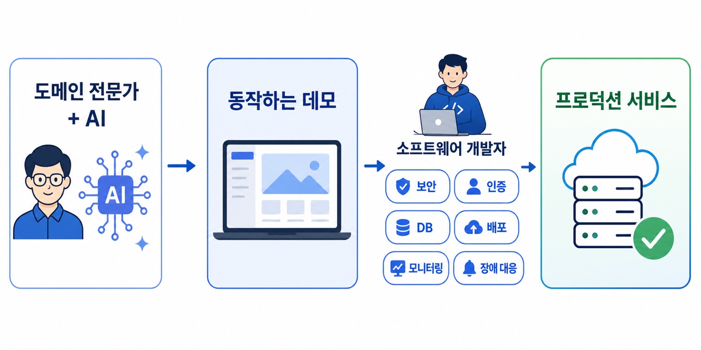 도메인 전문가와 AI가 만든 데모를 개발자가 보안 인증 DB 배포 모니터링 장애 대응을 갖춘 프로덕션 서비스로 바꾸는 흐름도